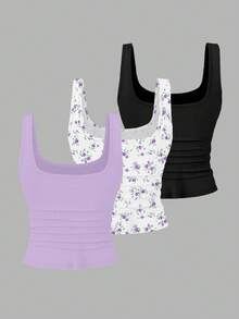 EMERY ROSE 3pcs Plus Size Women's Casual Solid Color & Full Printed Pattern Sleeveless Vest Set, Summer - Multicolor - View 2