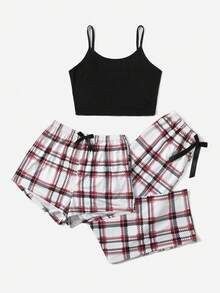 3pcs Plaid Bow Front PJ Set / Pajama Set - Multicolor - View 1