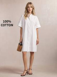 BizChic Women's Casual Solid White Mandarin Collar Button Front Loose Cotton Dress, Minimalist Basic Style For Daily, Commuting, Business Casual, Office Wear,Summer Dresses For Women For Women White Dress For Women Casual Dresses For Women Summer Dress Wedding Guest Dress For Women Elegant Dresses For Women - White - View 11