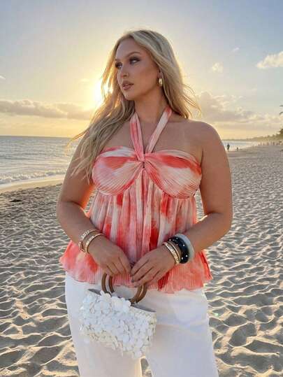 Auralis New Summer Tie Dye Dye Art Print Plus Size Halter Twist Front Crop Top/Babydoll Blouse/Beach Vacation/Ruched Texture Fabric Top With Ruffle Hem Summer Tops For Women Plus Size Tops Summer Blouses For Women Summer Beach Outfit For Women Beach Outfits For Woman Plus Size