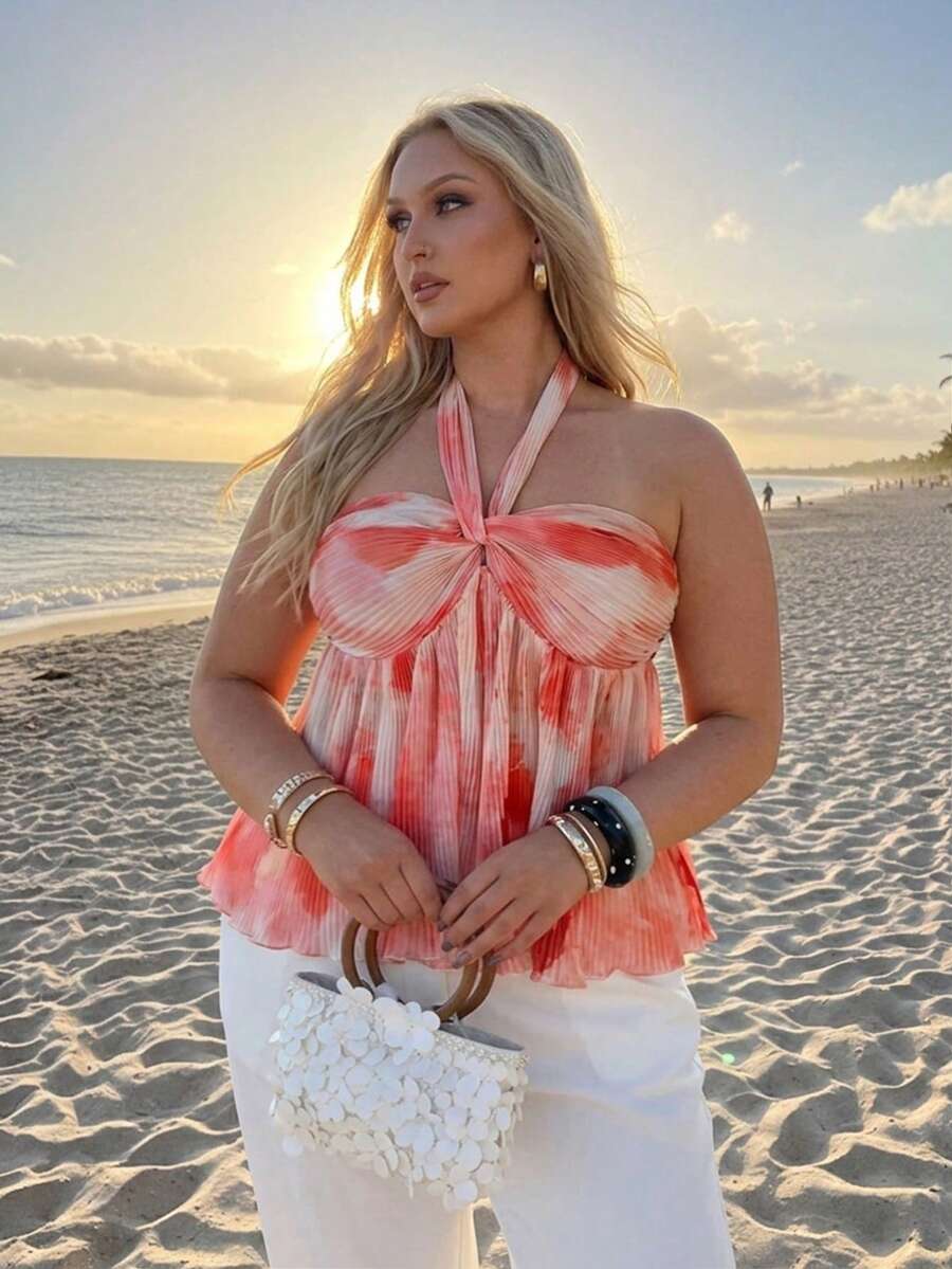 Auralis Summer Tie Dye Art Print Plus Size Halter Twist Front Crop Top,Boho Beach Holiday Babydoll Blouse,Ruched Texture Fabric Ruffle Hem Tops For Women - Multicolor - View 1