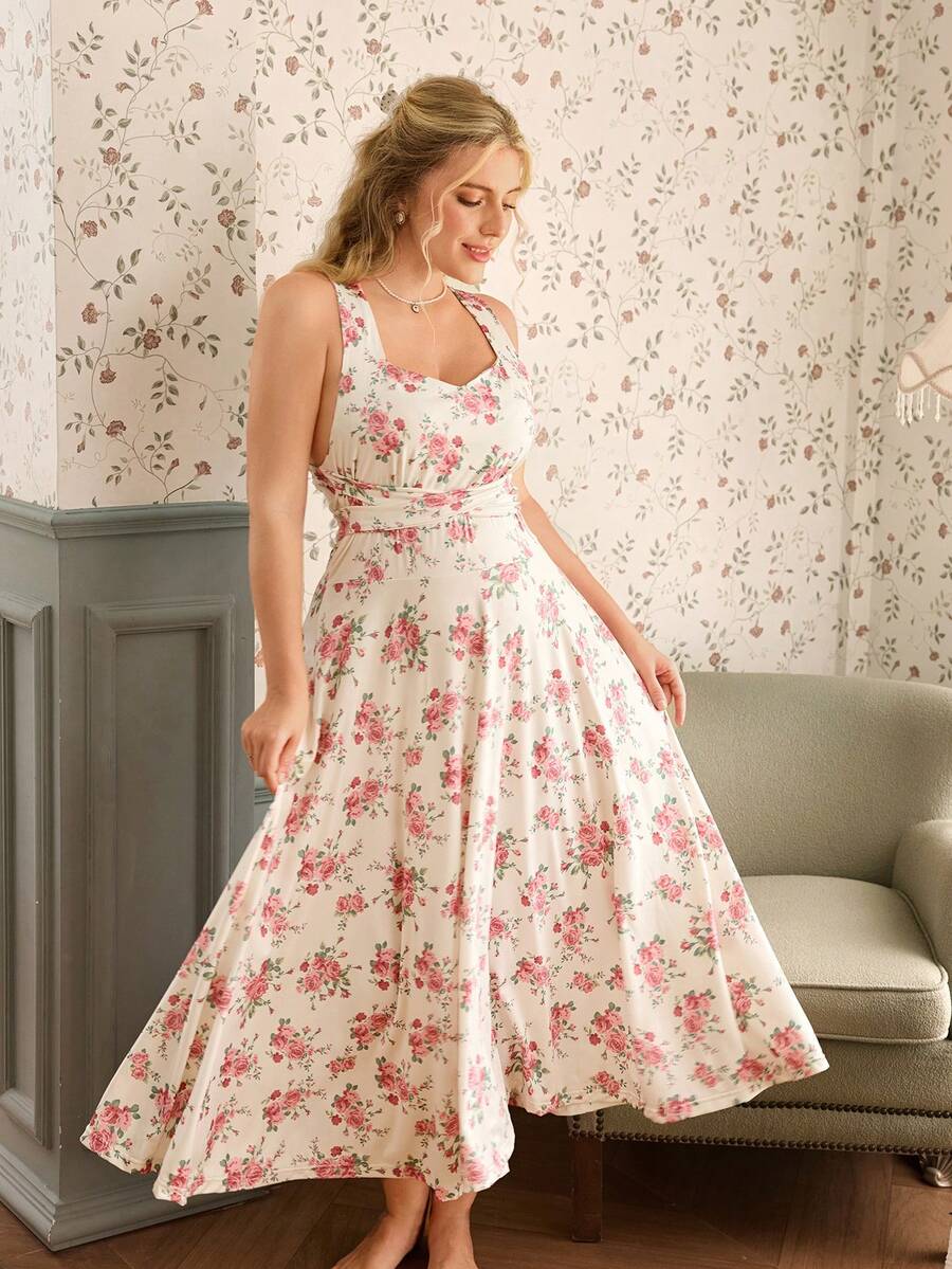 CottageSlumber Floral Print Tie-Waist Backless Long Nightgown, Plus Size - Multicolor - View 1