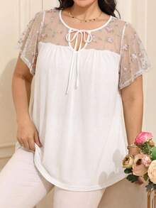 EMERY ROSE 大尺碼女款夏季休閒度假花卉刺繡網布拼接開襟結領寬鬆上衣 - 白色 - 查看 4