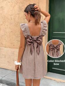 女士夏季休闲条纹蝴蝶结装饰荷叶边迷你连衣裙 - 彩色 - 查看 8