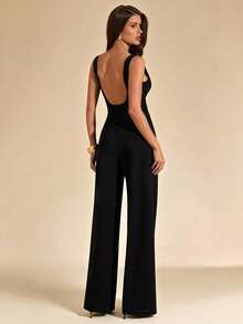 SHEIN BAE 黑色吊带露背连体裤，优雅女士内衣，日常约会装，外出装，派对装，不对称阔腿连体裤，情人节连体裤，休闲连体裤，优雅连体裤 - 黑色 - 查看 7