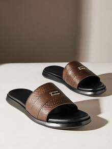 SHUZIA Men's Fashionable Casual Comfy Metal Decor One Band Slide Sandals - Coffee Brown - View 3