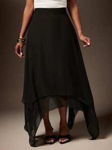 Vixey High Waist Asymmetrical Hem Chiffon Midi Skirt, Business Casual, Workwear, Polished, Tailored, Desk To Dinner, Power Dressing - Black - View 2