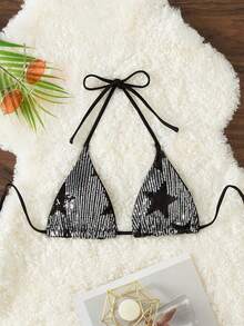 SHEIN Swim Summer Beach Glitter Stars Pattern Halter Bikini Top - Black - View 5