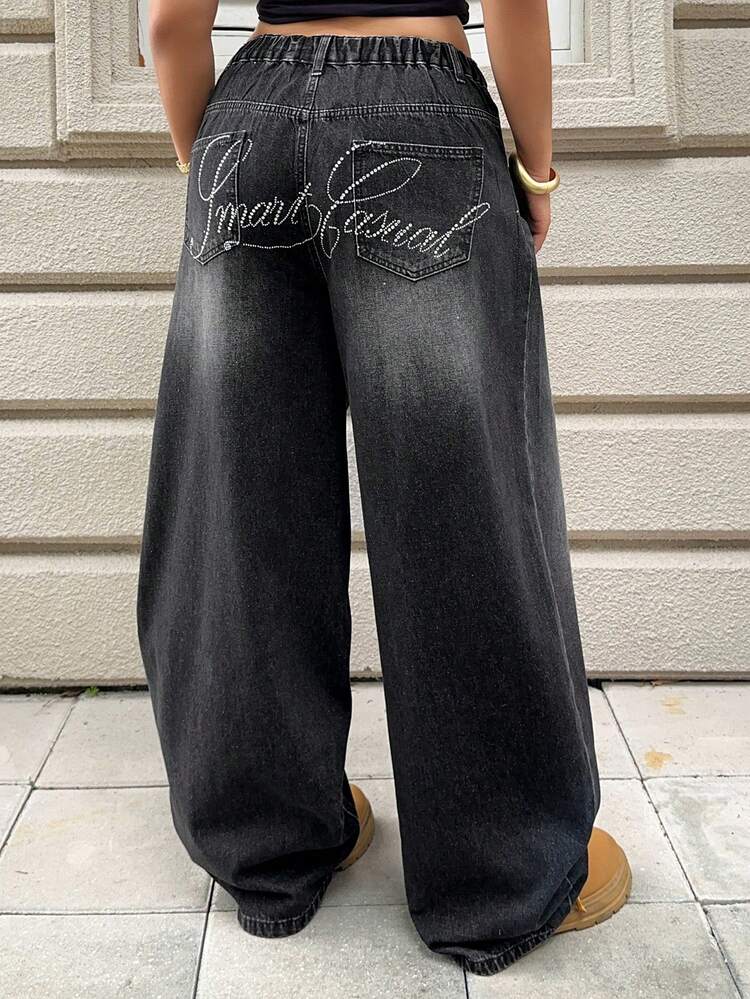 Dazy Plus Distressed Washed Korean Style Casual Rhinestone Letter Decor Plus Size Women Loose Straight Leg Long Black Jeans, Spring/Summer
