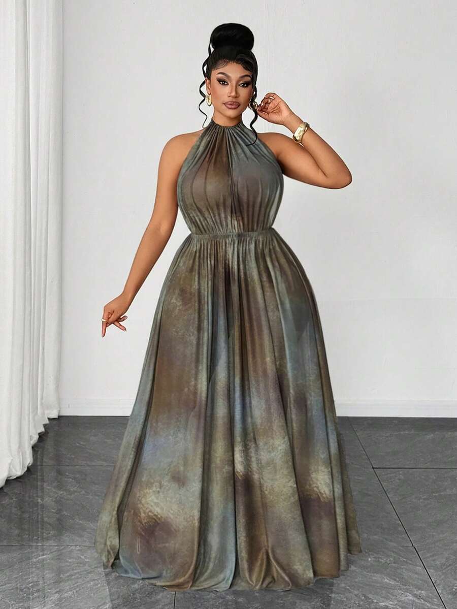 Maweii Plus Size Women Sexy Mesh Digital Print Halter Tie Backless Dress, Suitable For Summer Vacation - Multicolor - View 1