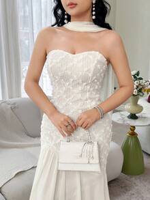Feyla Women's Fashion Strapless Dress & Scarf - Apricot - View 2