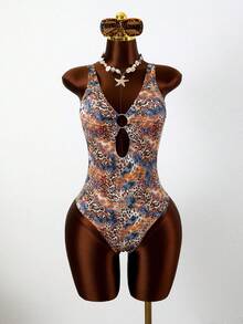Bonvoyette Leopard Print Random Deep V Sexy One-Piece Swimsuit For Women, 2-Piece Set With Mesh Wrap Skirt, Beach Holiday Sexy Swimwear - Multicolor - View 5