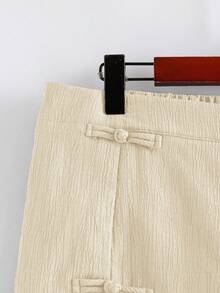 Linhara Plus Size Women's Summer Casual, Commute & Daily Wear Elastic Waist Round Hem Slit Design Chinese Knot Decor Button Shorts - Apricot - View 4