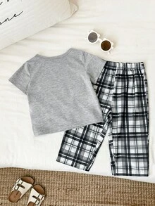 SHEIN 两件套男女宝宝/幼儿休闲可爱短袖T恤长裤家居服套装，婴儿睡衣，适合日常穿着和外出，修身版型 - 灰色 - 查看 2