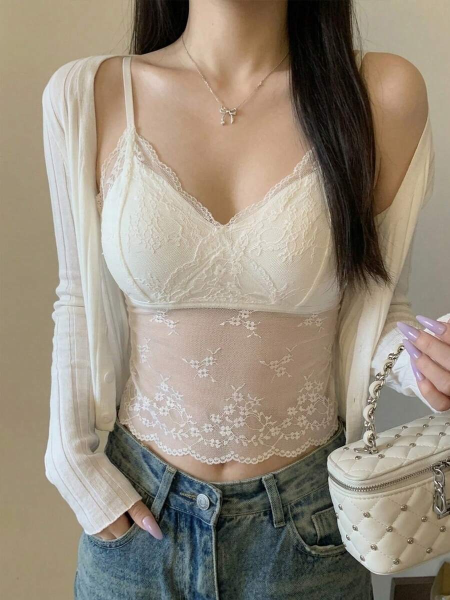 FRIFUL 女士蕾丝拼接休闲百搭约会之夜吊带背心 - 白色 - 查看 1