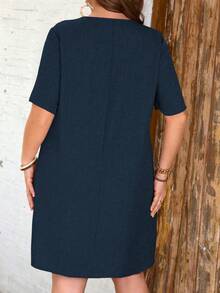 EMERY ROSE Faux Linen Comfortable Short Sleeve Epaulet Decor Plus Size Dress, Spring/Summer Women - Navy Blue - View 2
