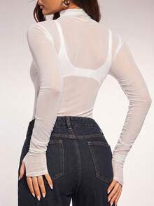 Radiana Damen sexy lässiges transparentes Mesh Langarm Bodysuit mit hohem Kragen, durchsichtiges Top, vielseitig kombinierbar, lässiger Alltags-Look, figurbetonter Slim Fit, geeignet für Nacht, Party, Club, Nachtclub, Cocktail, Festival, Urlaubsoutfit - Weiss - Übersicht 2