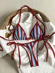 SHEIN Swim Vcay 女士两件套条纹印花随机挂脖比基尼套装，系带泳裤，优雅沙滩泳装 - 彩色 - 查看 1