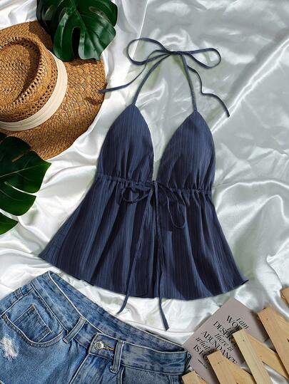 Sweetra Áo camisole dáng chữ A cổ yếm buộc dây dành cho nữ cỡ lớn mùa hè