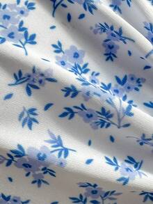 Tween Girl Ditsy Floral Ruched Front Bow One-Piece Swimsuit, Summer Beach Vacation - Baby Blue - View 6