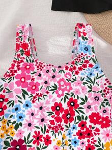 SHEIN Young Girl Knitted Floral Pattern Cute Bow One-Piece Swimsuit - Multicolor - View 8