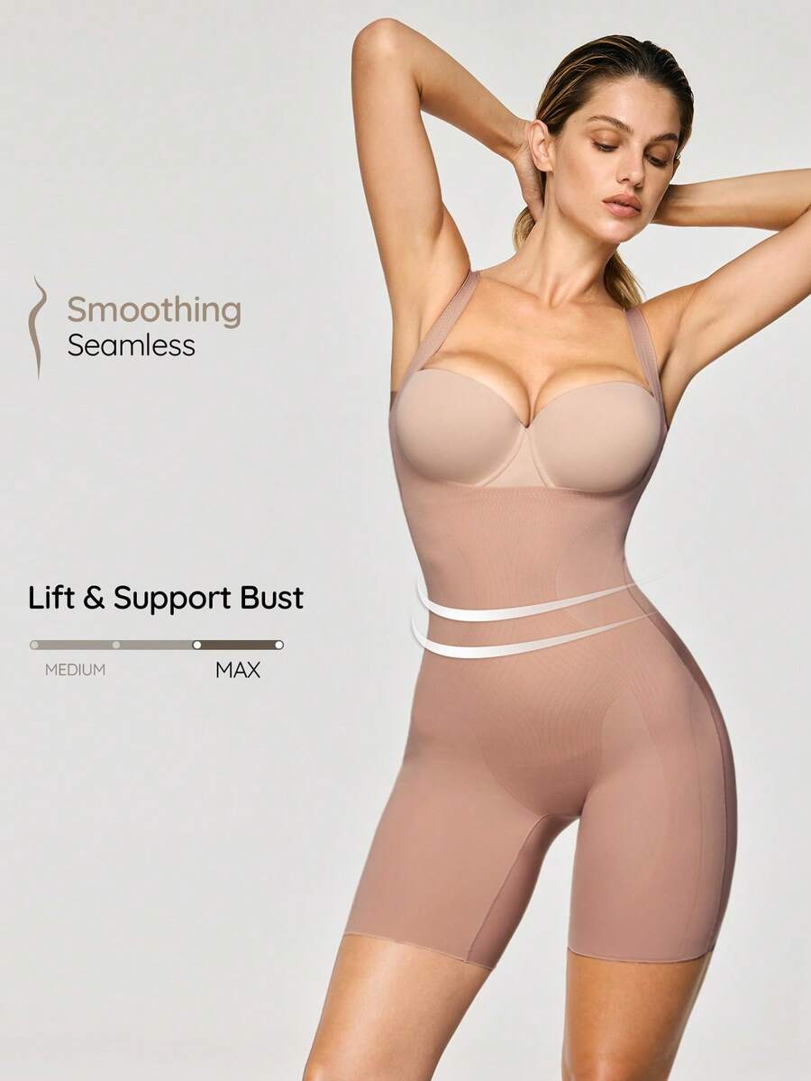 SHAPORA Body de unicolor con cuello de pico y shorts para mujer - Café integral - Ver 1