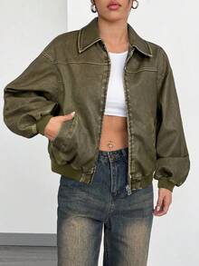 SHEIN EZwear Chaqueta de piel PU de estilo militar verde envejecida, nueva llegada para el otoño - Verde militar - Ver 5