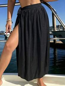 EMERY ROSE Plus Size Women's Side Knot Linen Vacation Black Bamboo Knit Skirt Fall - Black - View 5