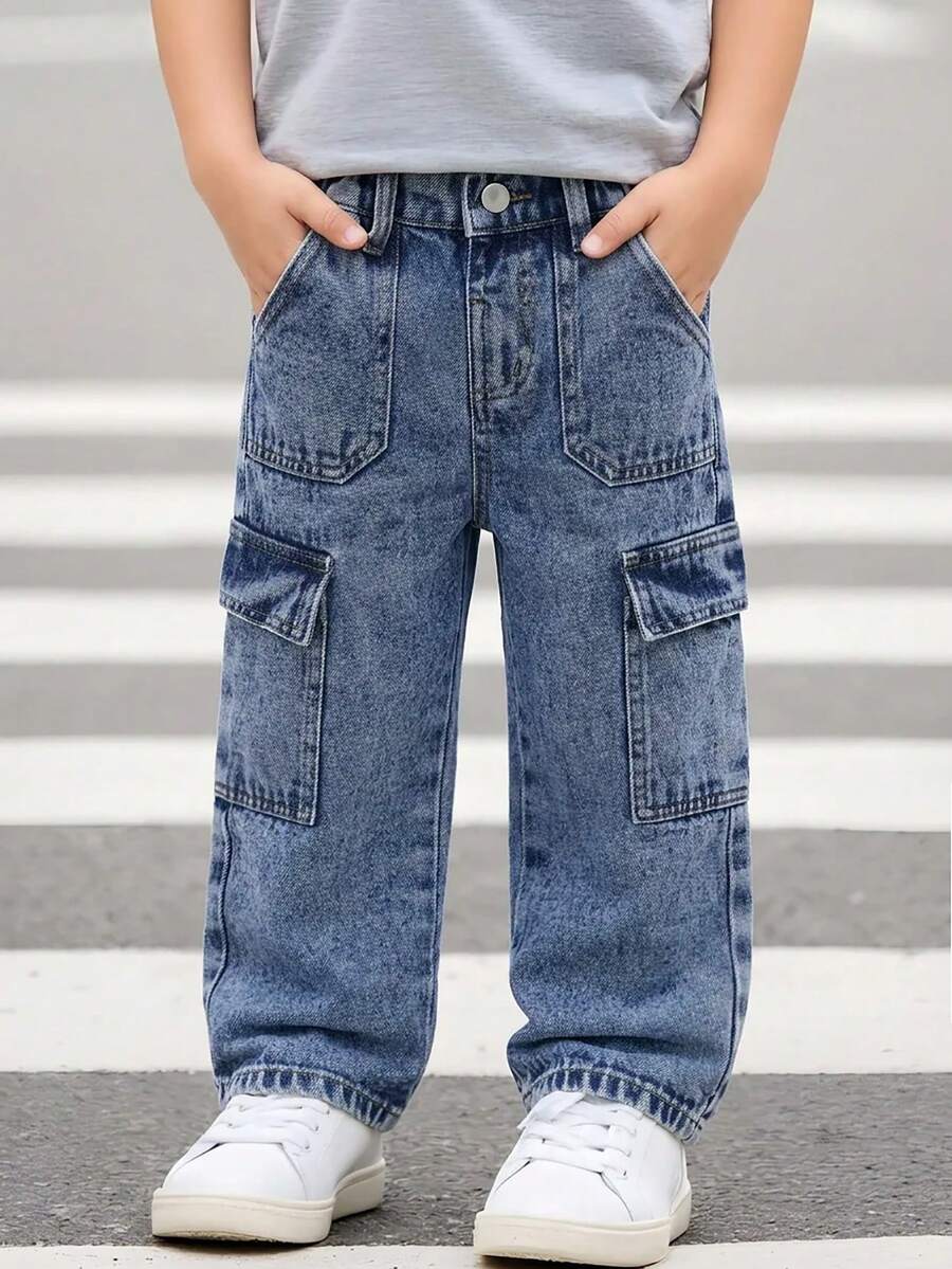 Genkimix Kids 男童（小号）夏季新款多口袋直筒牛仔裤，中蓝色，松紧腰带，柔软棉质面料，适合上学、户外活动、旅行、家庭活动、聚会等场合。