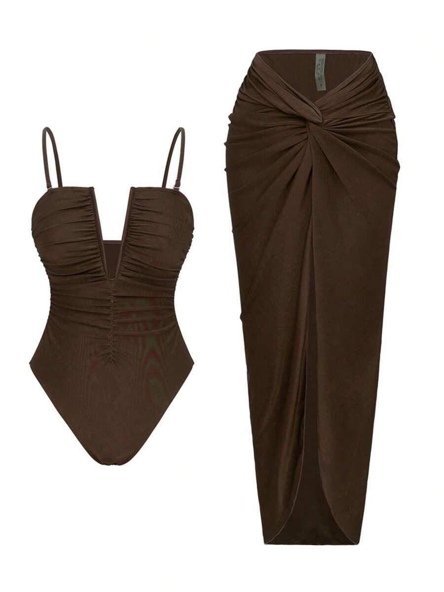 Swim Oasis 2pcs/Set Sexy Solid Color V-Neck Ruched Spaghetti Strap Bandeau One-Piece Swimsuit & Front Twist Split Beach Dress Set - Brown - View 1