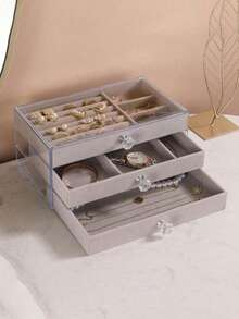 1 pieza Organizador de joyería de gran capacidad con forro de terciopelo y cajones, caja de exhibición apilable de acrílico con múltiples compartimentos para tocador y mesa de vestir - Multicolor - Ver 10