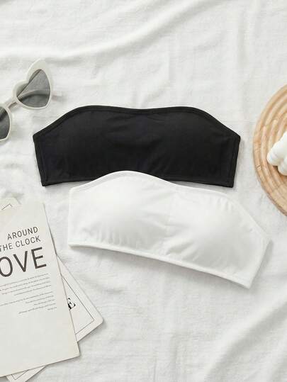 SHEIN 2pcs/Set Teen Girl Fashionable Minimalist Comfortable Black & White Tube Top Camisole, Knitted Ribbed Tube Top