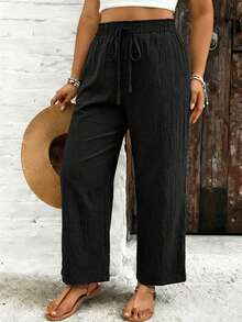 SHEIN VCAY Plus Size Women Solid Color Drawstring Waist Casual Versatile Daily Wear Pants Cotton Pants Women Linen Pants Women High Waist Loose Pants For Women Casual Pants For Women Wide Leg Pants Women - Black - View 6
