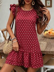 SHEIN LUNE Đầm ngắn nữ mùa hè màu đỏ chấm bi cổ tròn tay ngắn xếp nếp - Đỏ - Xem 1