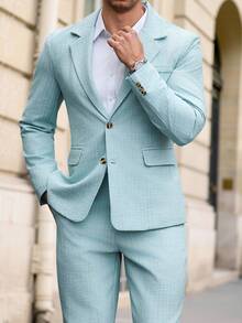 Manfinity Mode Setelan Jas Bisnis Kasual Pria Warna Biru Muda Musim Panas, Blazer Kain Bertekstur, Jas Wisuda Pernikahan Gaya Amerika, Gaya Klasik untuk Prom, Pesta, Vintage - Biru - View 5