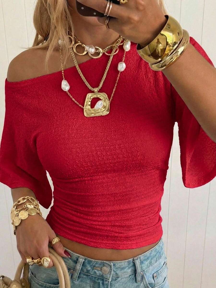 SHEIN EZwear 女士红色针织褶皱不对称肩部时尚百搭T恤 - 紅色 - 查看 1