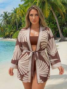 Swim Lushoire Plus Size Women Belted Printed Casual Vacation Beach Cardigan Jacket - Brown - View 1