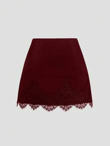 Sweetra Plus Size Women's Brown Satin Lace Patchwork Elegant Slimming Waist Fitted Mini Dress, Soft & Comfortable For Daily Wear, Date, Sexy Mini Skirt, Versatile Elegant Short Dress, Cooling Summer Mini Skirt - Burgundy - View 3