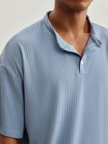 Driftmere Bộ áo thun nam, áo thun cổ kéo nửa thân, dáng rộng vai rớt, vải dệt jacquard, bộ áo thun màu xám xanh. - Màu xanh lam - Xem 5