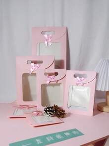 5PCS Pink Clear Self Standing Window Gift Bags With Handle Flip Top Bow Candy Party Favor Tote For Birthday Holiday Celebration Supplies - D multicolor - View 7