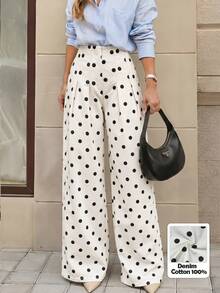 Selenza Women's Polka Dot Pattern Pleated Wide Leg Loose Denim Pants - Beige - View 8