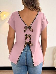 Plus Size Women's Backless V-Neck Bowknot Elegant Casual T-Shirt, Short Sleeve V Neck Blouses For Women Tops For Women Elegant Chic Top Cute Short Sleeve Tops Blouses For Women - Pink - View 2
