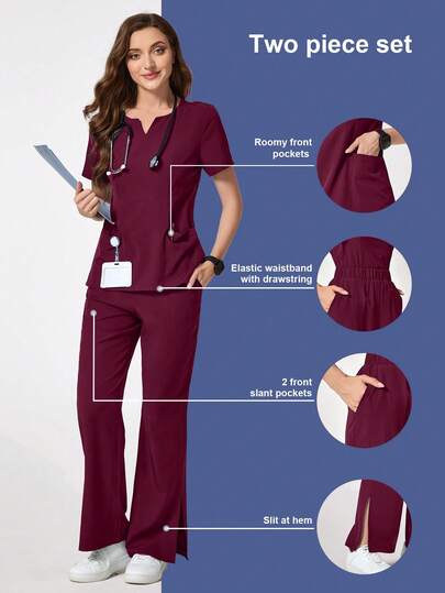 TaskEZ طقم ملابس علوية قصيرة الأكمام بياقة على شكل حرف V وبنطلون سكراب