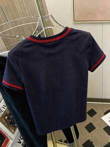 Resyla Áo thun crop top cổ tròn ôm sát, thời trang thường ngày, đính đá anh đào và sọc tương phản. - Màu xanh hải quân - Xem 2