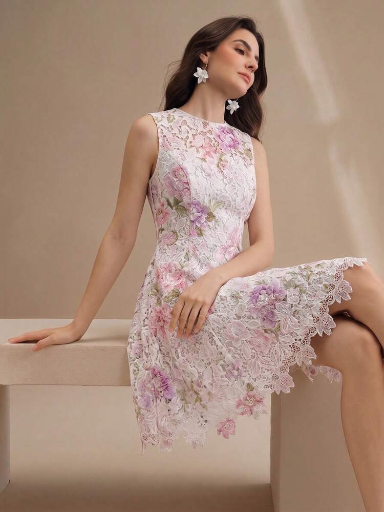 Women's Romantic Water-Soluble Floral Hollow Embroidery Fresh Floral Print Short Sleeveless Asymmetrical Hem Dress