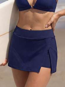 Women Beach Solid Color Elegant Side Slit Design Boardshorts - Navy Blue - View 1