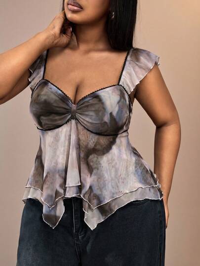 Truni 大码女士扎染不对称下摆上衣，适合梨形和三角形身材，性感透视上衣，女士透视衬衫，雪纺衬衫，大码雪纺衬衫