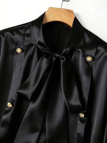 GlowEve CURVE Plus Size Women's Elegant Black Summer Silk Blouse,Solid Color Bow V-Neck Metal Button Decor Turndown Collar Short Sleeve Work Tops For Dinner - Blue - View 4