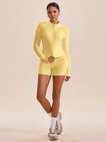 High Neck Long Sleeves Skinny Women Sports Sets - Yellow - View 6