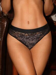 1pc Lace Patchwork Back Strap Women's Thong Panty - Black - View 3